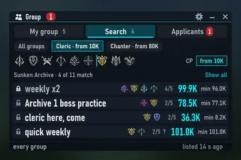 Вкладка Search у вікні Group: фільтр Cleric · from 10K зі значками класів і мінімальним Combat Power, потім чотири групи з їхніми класами, місцями та Combat Power