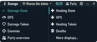 A janela de dano ao lado do menu de visões: Damage Done, DPS, Damage Taken, Enemies, Party overview, Healing Done, HPS, Healing Taken e Deaths