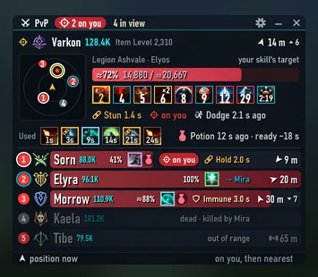 A janela PvP com quatro inimigos: vida, efeitos e habilidades usadas do jogador seguido, um radar de pontos e quatro linhas